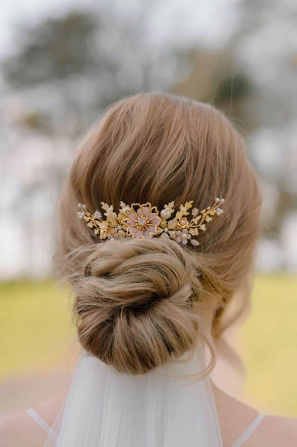 Blush pink and gold detailed flower bridal wedding comb