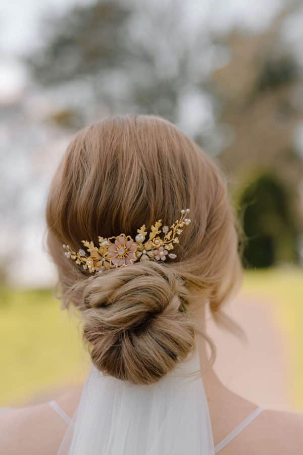 Blush pink and gold detailed flower bridal wedding comb