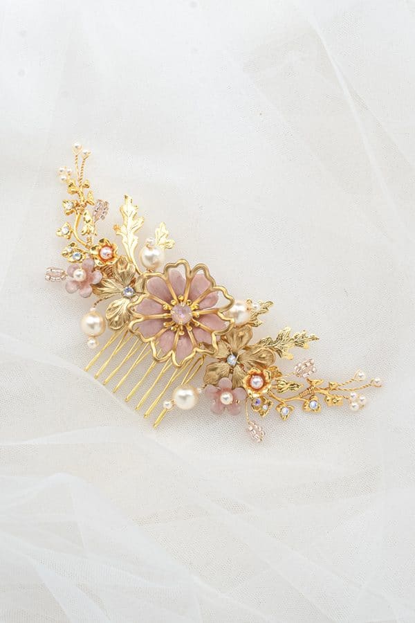 Blush pink and gold detailed flower bridal wedding comb