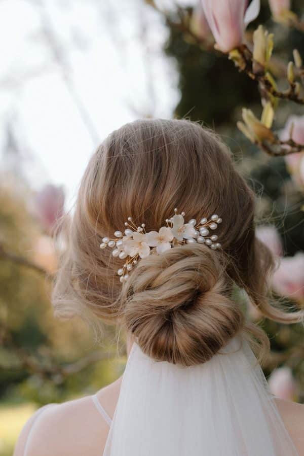 Ivory clay flower bridal comb with pearl branches luxury wedding hair accessories