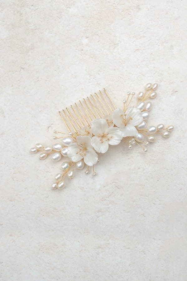 Ivory clay flower bridal comb with pearl branches luxury wedding hair accessories