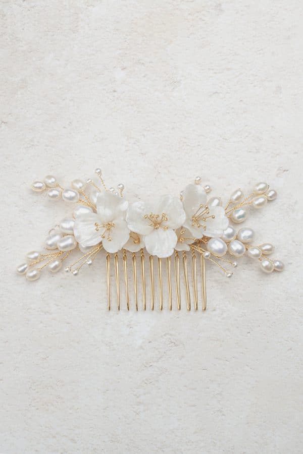 Ivory clay flower bridal comb with pearl branches luxury wedding hair accessories