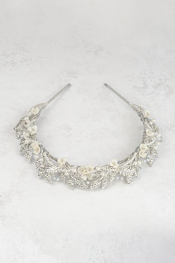 Silver sparkly jewelled bridal leaves and flowers wedding tiara crown