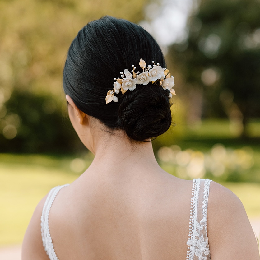 Gold rose flower bridal headpiece wedding hair comb updo bun