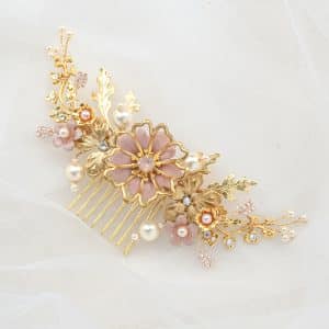 Blush pink and gold detailed flower bridal wedding comb