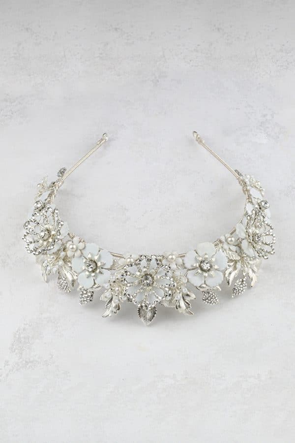 silver and white elegant luxury cluster flower and leaf bridal headpiece wedding tiara crown