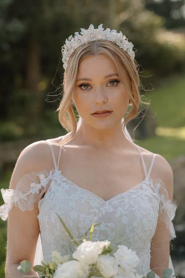 silver and white elegant luxury cluster flower and leaf bridal headpiece wedding tiara crown