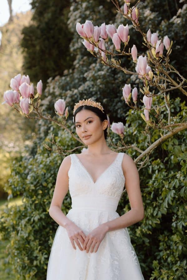 Pink and gold detailed flower bridal wedding tiara crown