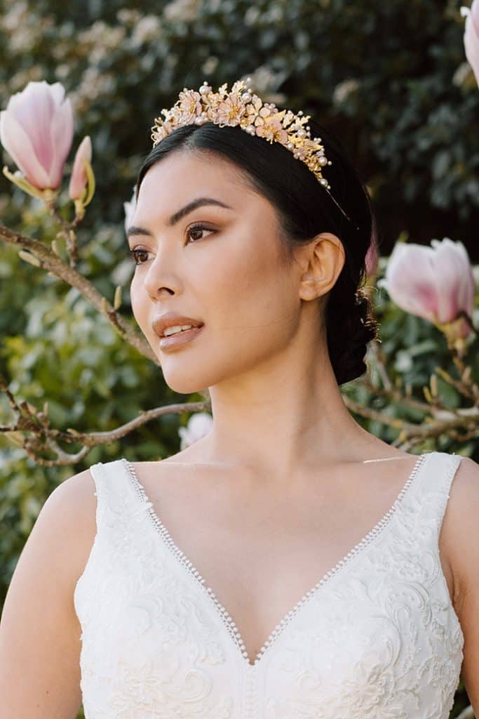 Blush pink and gold detailed flower bridal wedding tiara crown