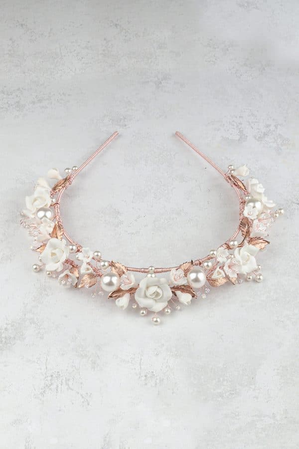 rose gold and white rose flower crown bridal wedding tiara