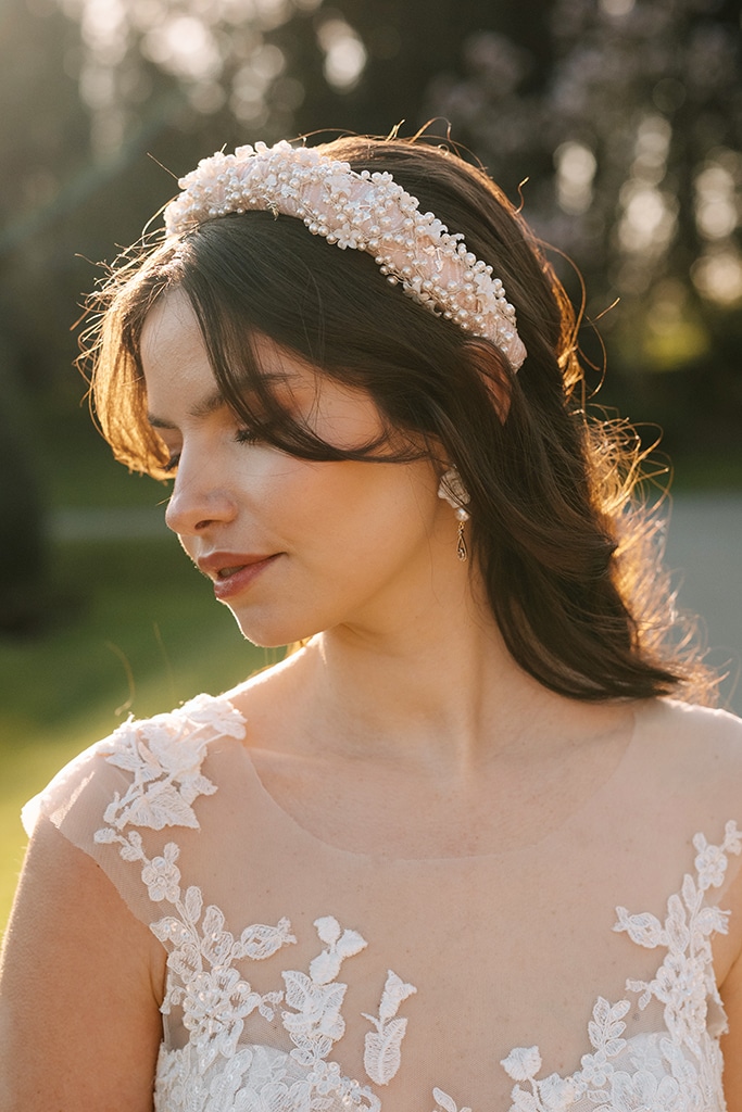 bridal headband bespoke custom blush pink white pearl cluster and flower vine wedding headpiece