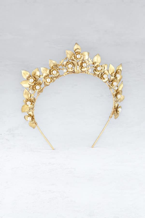 Gold textured leaf statement crown bridal wedding tiara