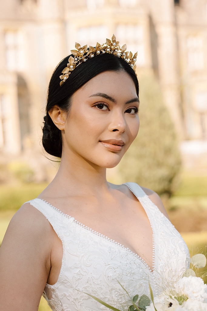 Gold textured leaf statement crown bridal wedding tiara