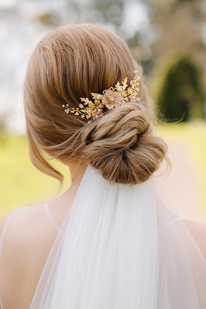 Blush pink and gold detailed flower bridal wedding comb