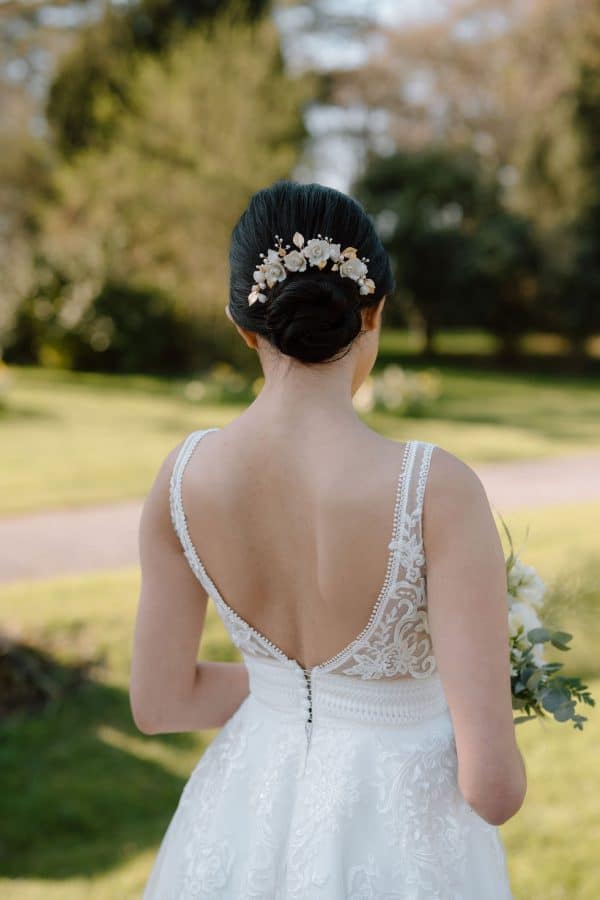 Gold rose flower bridal headpiece wedding hair comb updo bun