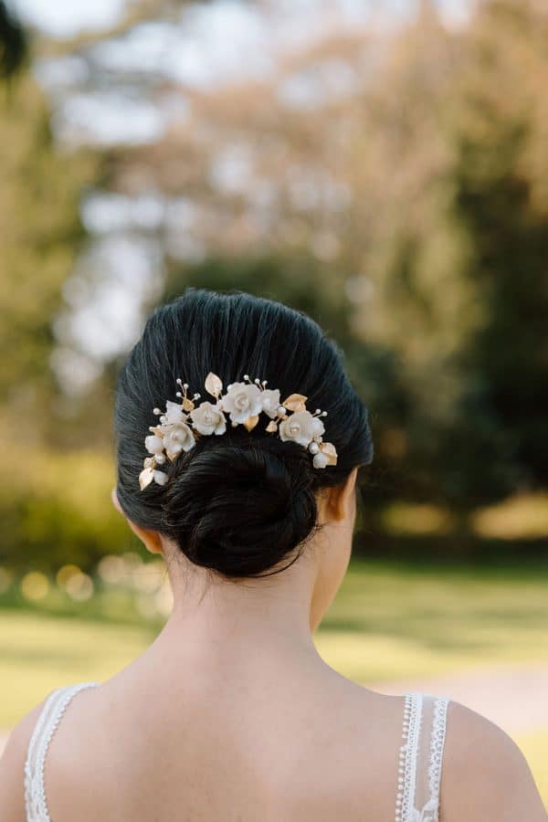 Gold rose flower bridal headpiece wedding hair comb updo bun