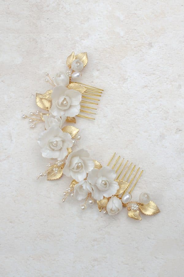 Gold rose flower bridal headpiece wedding hair comb updo bun