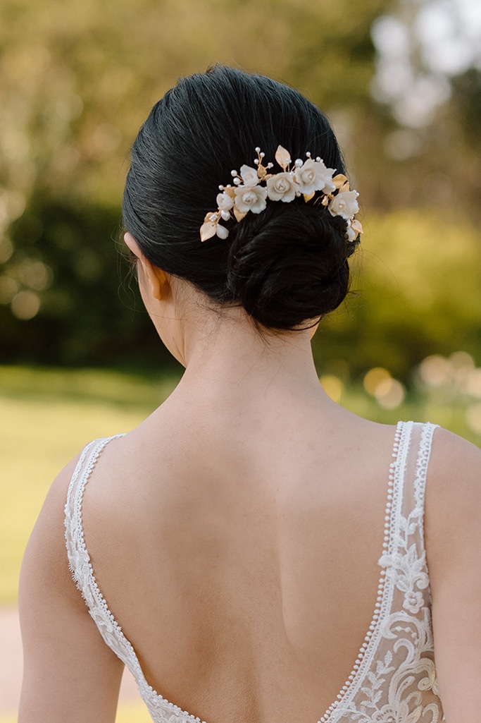 Gold rose flower bridal headpiece wedding hair comb updo bun luxury wedding hair accessories