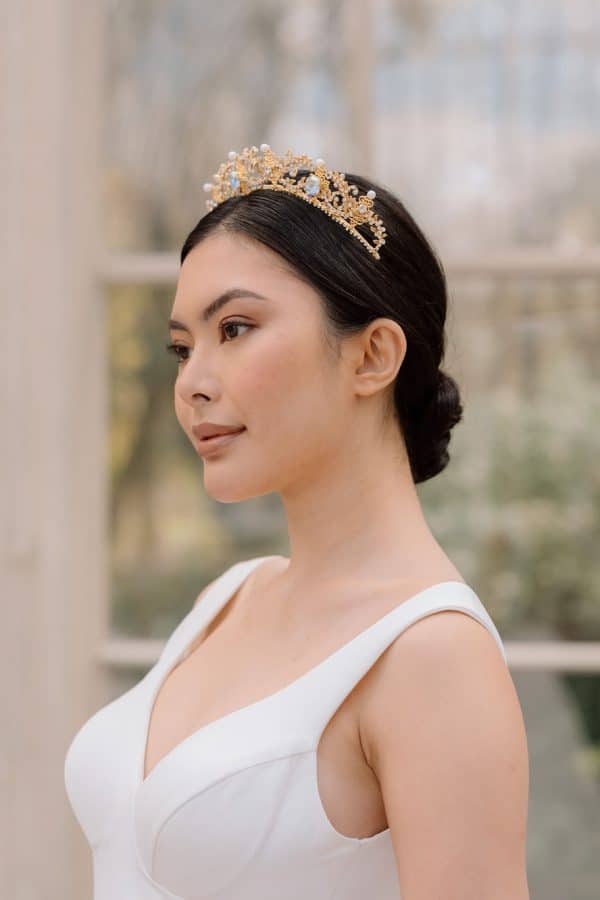 gold crystal pearl bridal wedding crown tiara