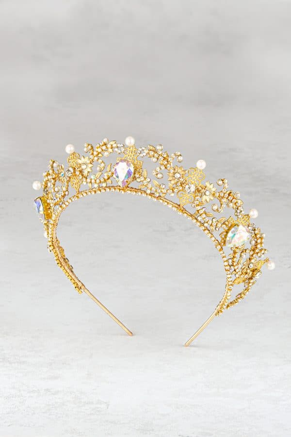 gold crystal pearl bridal wedding crown tiara