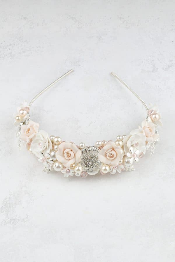 luxury blush pink and white silver flower bridal crown wedding tiara