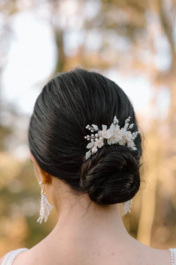 white floral bridal hair comb pearls and white leaves wedding hairpiece