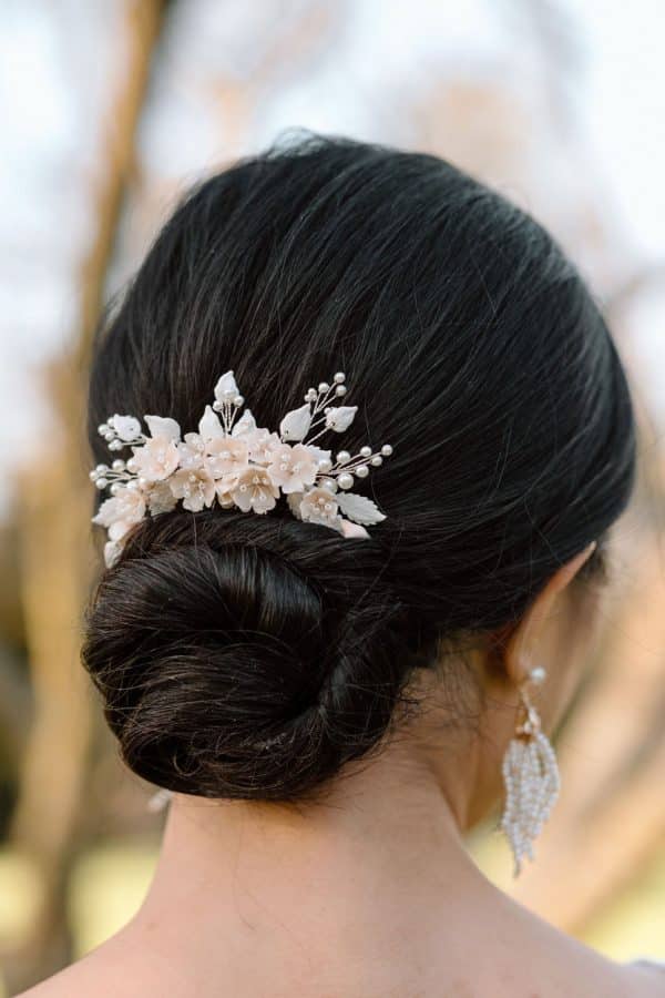 white floral bridal hair comb pearls and white leaves wedding hairpiece