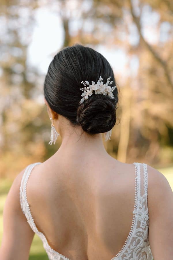 white floral bridal hair comb pearls and white leaves wedding hairpiece