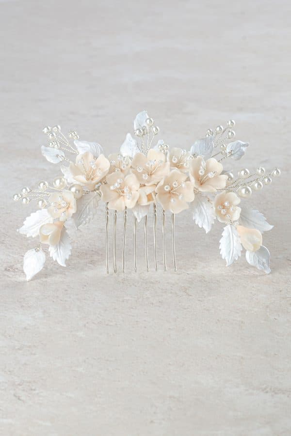 white floral bridal hair comb pearls and white leaves wedding hairpiece