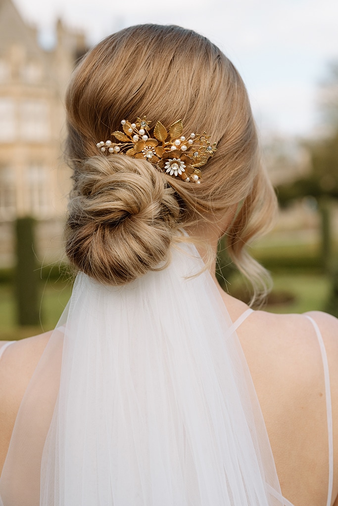 gold flower bridal hair comb wedding headpiece updo bridal accessories