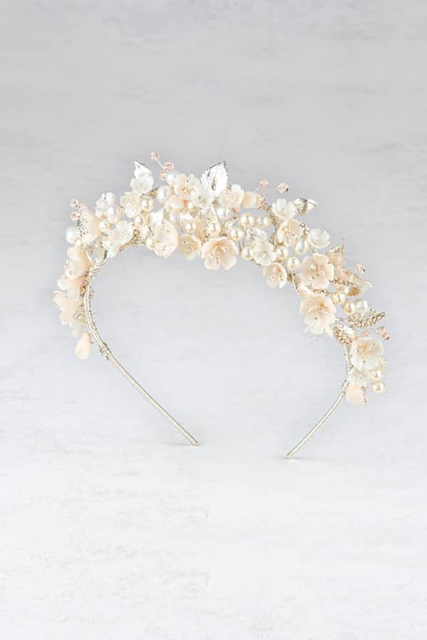 silver romantic white and blush pink flower crown wedding tiara bridal accessories