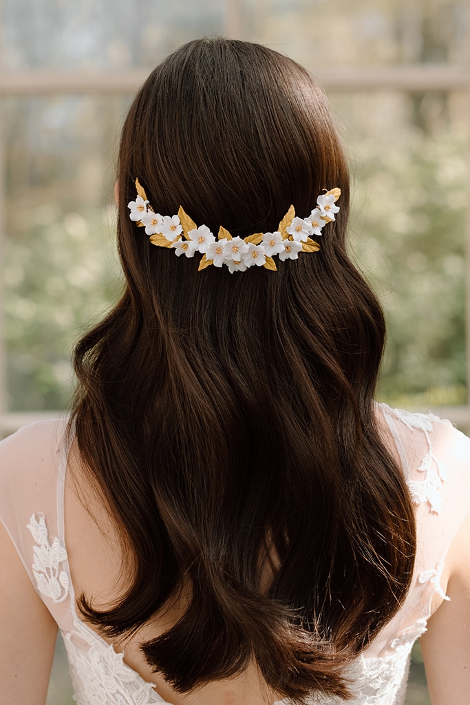 gold and white clay flower bespoke bridal hair vine wedding headpiece bridal accessories