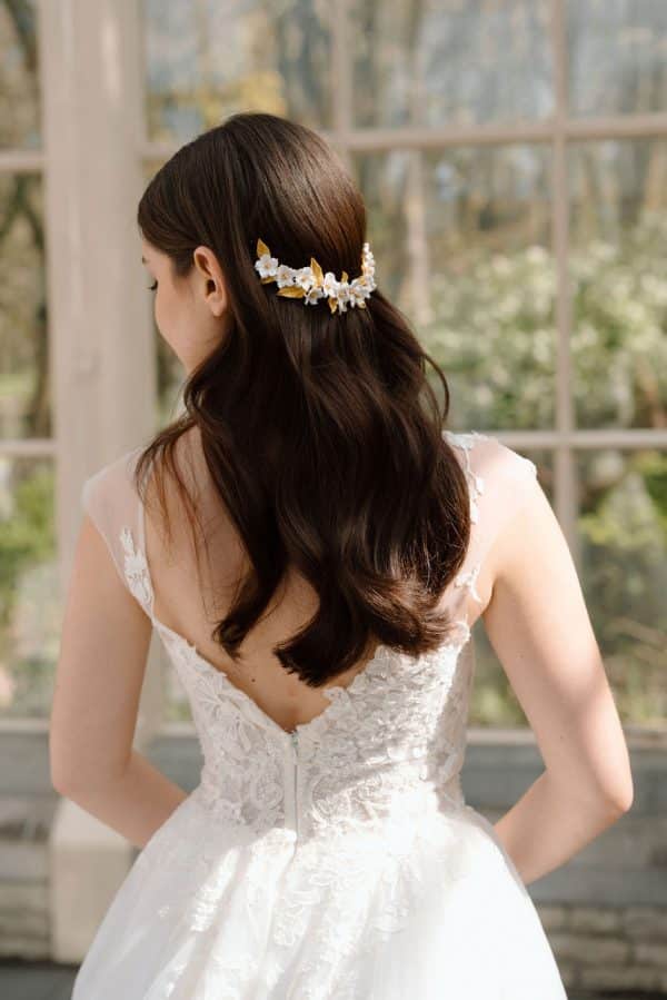 gold and white clay flower bespoke bridal hair vine wedding headpiece bridal accessories