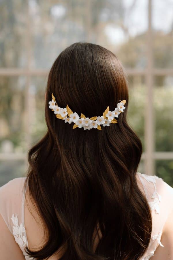 gold and white clay flower bespoke bridal hair vine wedding headpiece bridal accessories