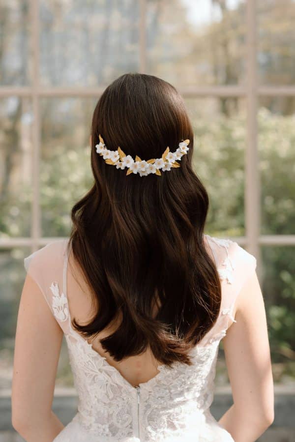 gold and white clay flower bespoke bridal hair vine luxury wedding hair accessories