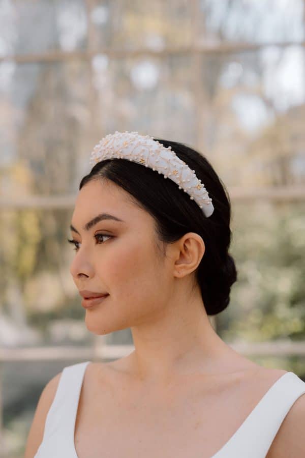 white pearl and gold vine bridal occasion headband wedding hairpiece bridal accessories