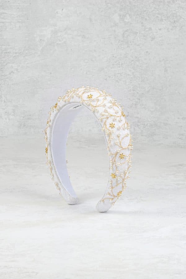 white pearl and gold vine bridal occasion headband wedding hairpiece bridal accessories