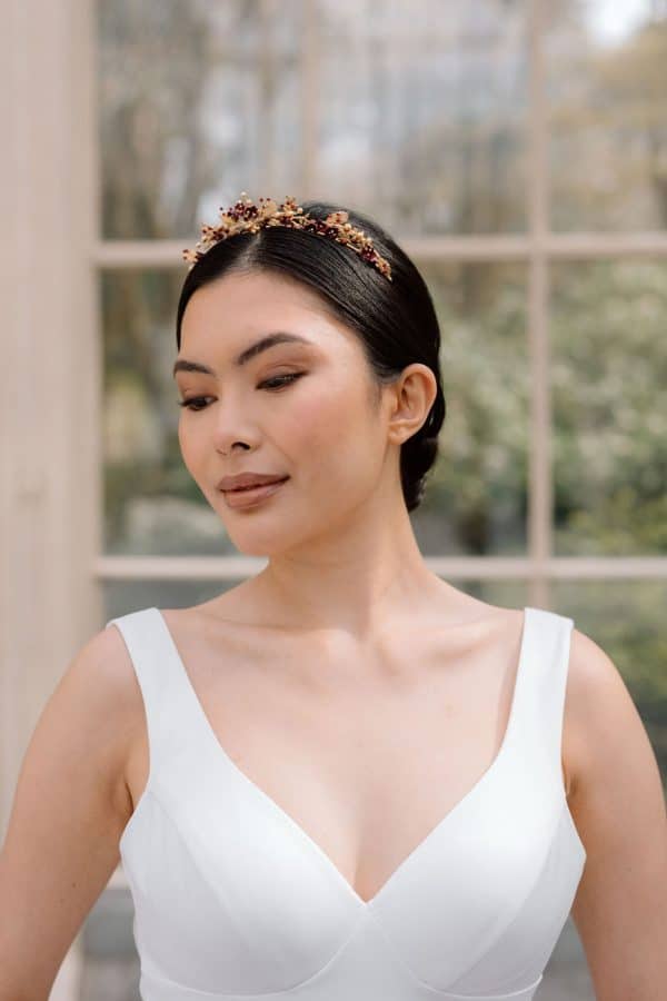 red and gold bridal tiara wedding crown flower and golden pearls