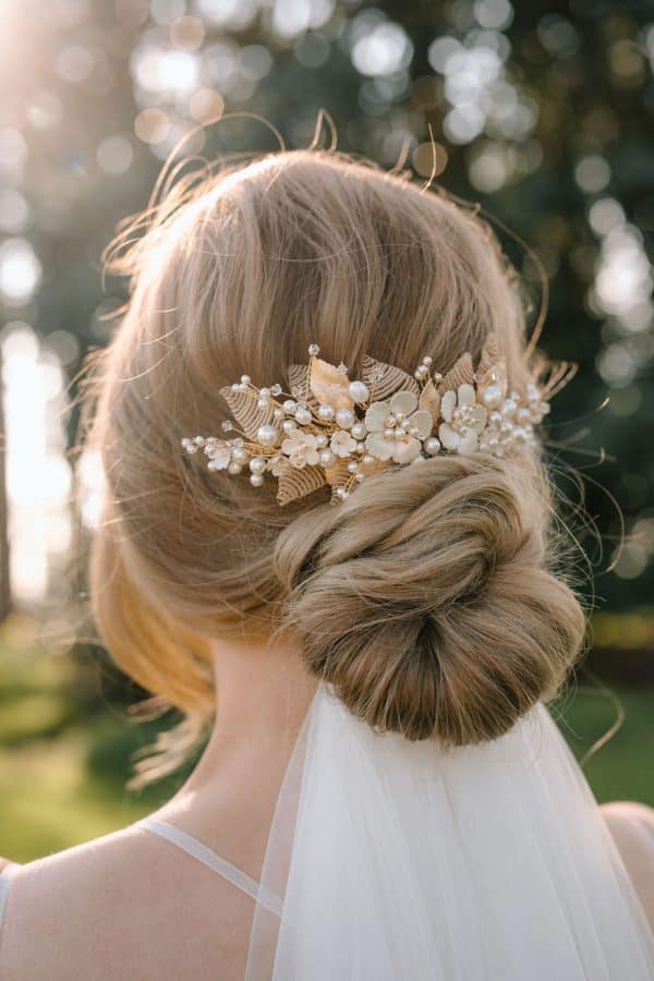 beaded detail flower and pearl champagne gold bridal hairpiece wedding comb bridal accessories