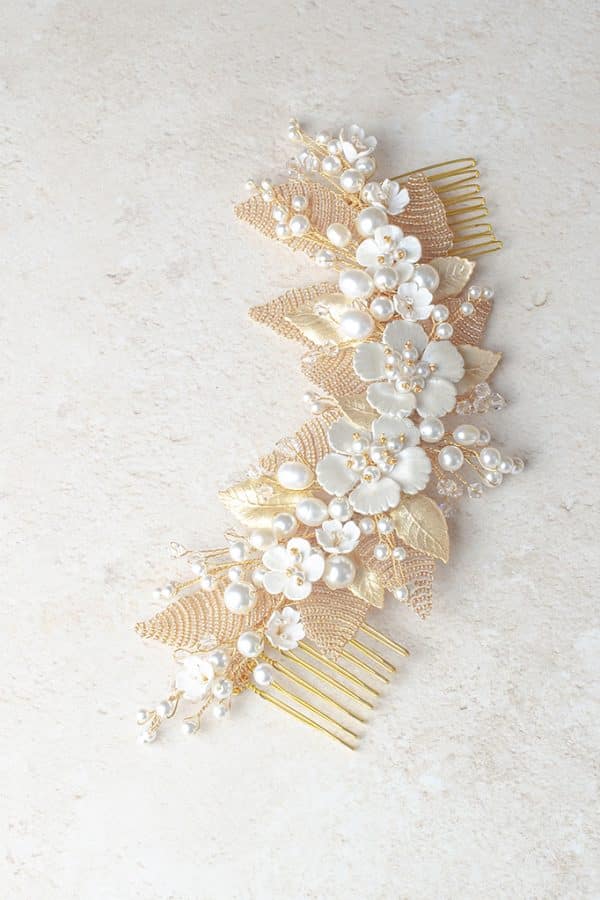 beaded detail flower and pearl champagne gold bridal hairpiece wedding comb bridal accessories