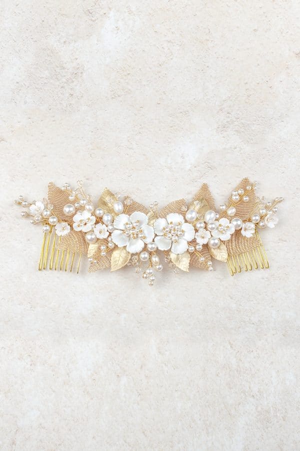 beaded detail flower and pearl champagne gold bridal hairpiece wedding comb bridal accessories