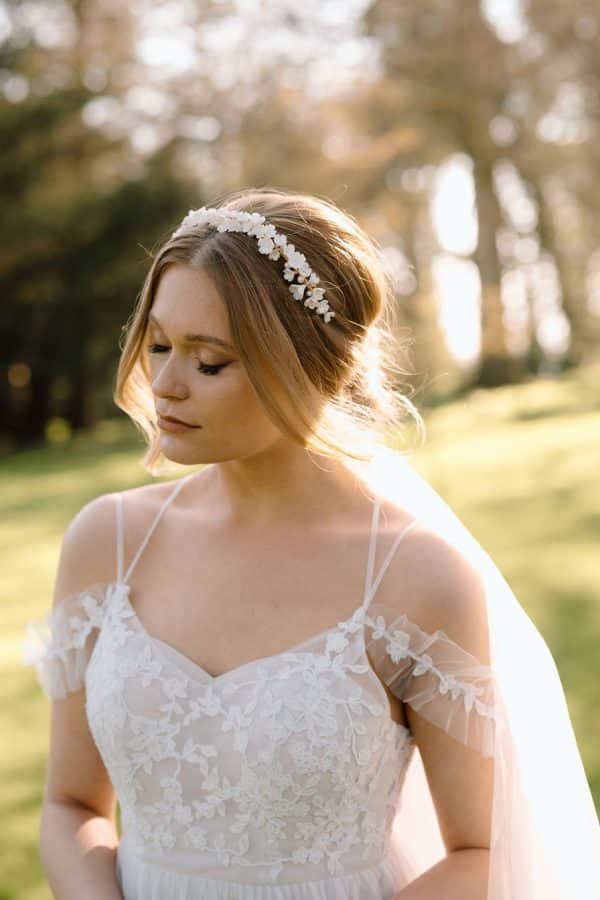 White clay flower bridal headband with pearl accents wedding hair accessory