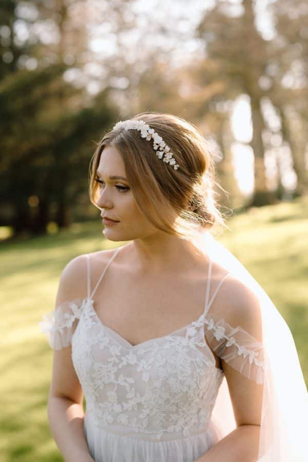 White clay flower bridal headband with pearl accents wedding hair accessory