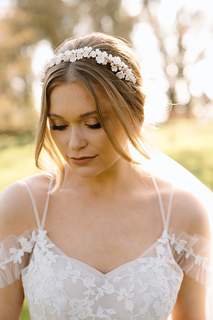 White clay flower bridal headband with pearl accents wedding hair accessory