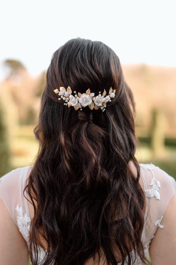 Rose ivory clay flower bridal hair comb with gold leaf details wedding hair accessories