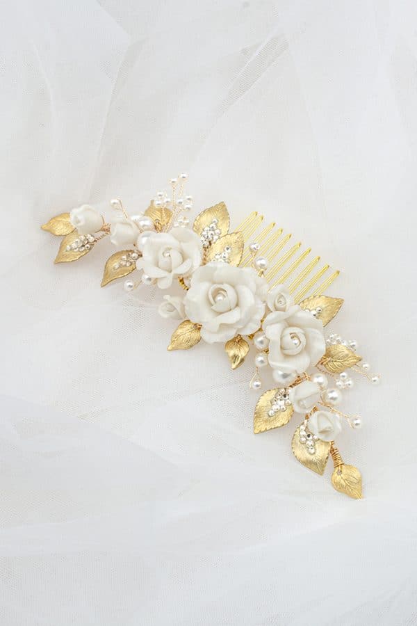 Rose ivory clay flower bridal hair comb with gold leaf details wedding hair accessories