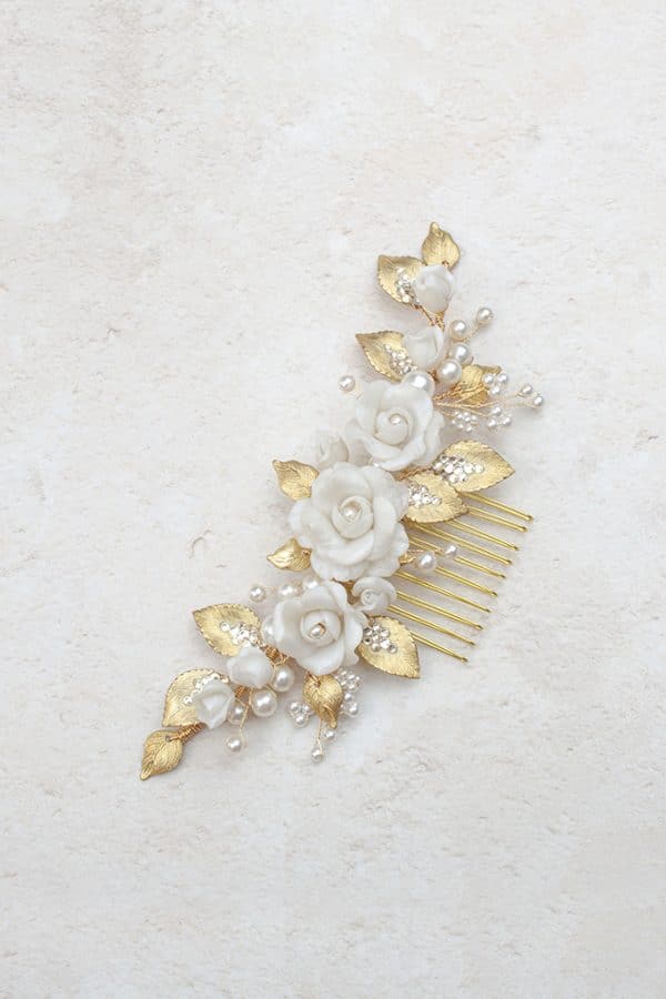 Rose ivory clay flower bridal hair comb with gold leaf details wedding hair accessories