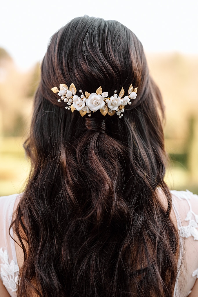 Rose ivory clay flower bridal hair comb with gold leaf details wedding hair accessories