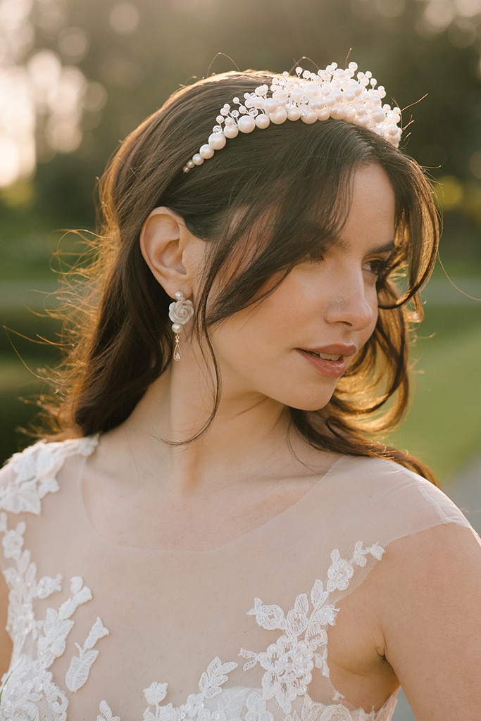 Soft white pearl and crystal cluster bridal tiara wedding hair accessories