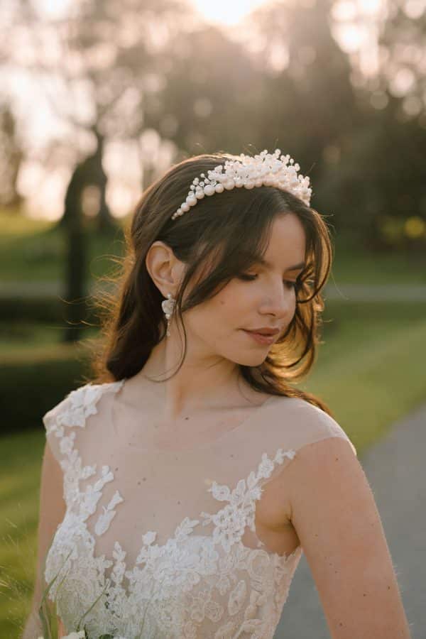 Soft white pearl and crystal cluster bridal tiara wedding hair accessories